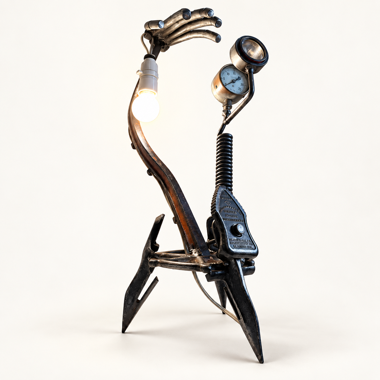 Reclaimed-metal lamp sculpture with hand, gauges and vintage mechanical parts